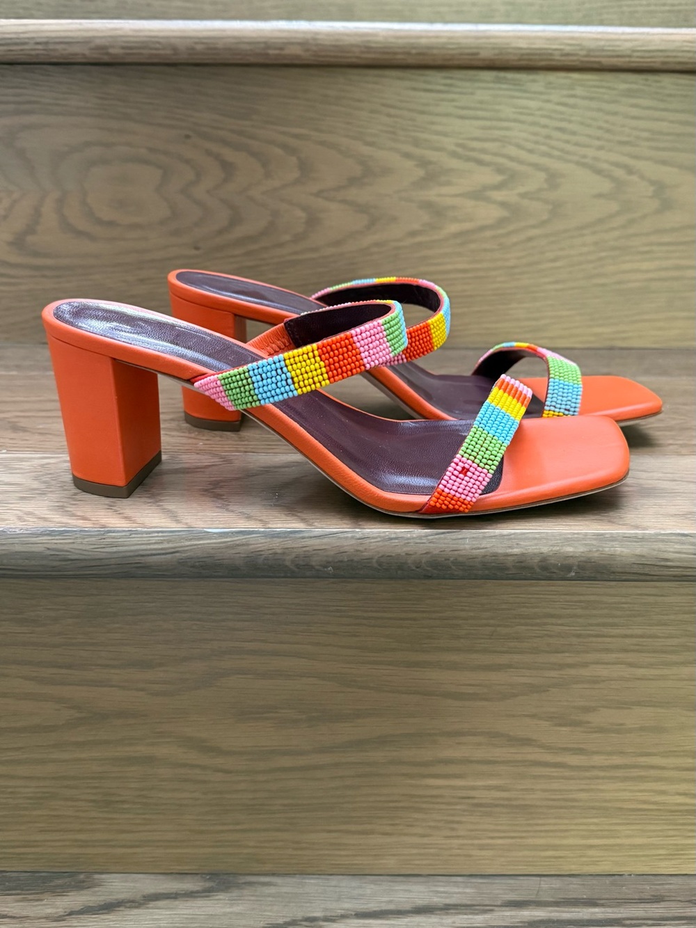 STAUD Orange Beaded Double-Strap Block Heel Sandals with Multicolor Beads